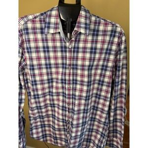 Hugo Boss Slim Fit Plaid Button Down Shirt Mens Large Purple Navy Blue Long Slv